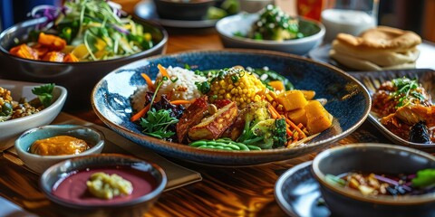 Asian Vegan Delights, A Visual Journey Through Culinary Creativity, Elevating Flavors in Every Wholesome Dish - Vibrant Asian Plant-Based Restaurant Ambiance - Dynamic Colors