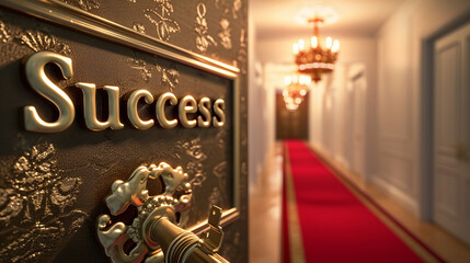 Key to Success: Golden Key Unlocks Door with Red Carpet Journey, Symbolic Success Theme