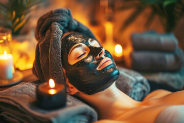 Woman customer indulges in rejuvenating with charcoal face cream massage in spa. - obrazy, fototapety, plakaty