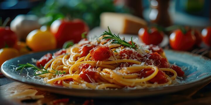 Amatriciana Culinary Masterpiece, A Visual Feast of Pasta Perfection with Tomato, Guanciale, and Pecorino Romano Harmony - Classic Italian Kitchen Setting - Warm, Moody Lighting & Elegant Plating 