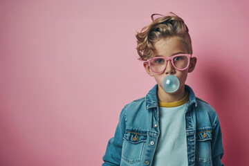 Trendy Young teen with skateboard look blowing bubble gum on pink background.