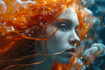 Ginger girl fused with jellyfish, underwater portrait