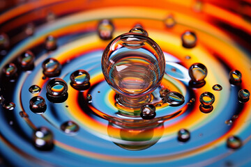 Artistic macro of water droplets reflecting vibrant concentric colors, perfect for abstract, creativity, science and modern design concepts.
