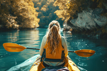 Young woman canoe or kayak adventure in nature. 