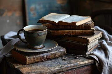 Naklejka premium An artistic still life composition featuring coffee and books Evoking a sense of comfort and intellectual pursuit