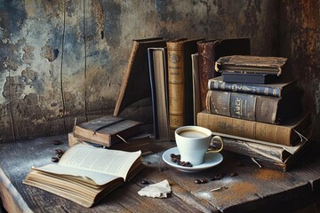 An artistic still life composition featuring coffee and books Evoking a sense of comfort and intellectual pursuit