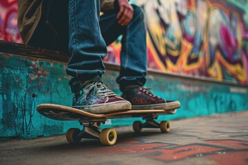 Retro 90s skateboard scene with vintage clothing and graffiti background - obrazy, fototapety, plakaty
