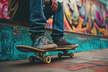 Abwaschbare Fototapete Retro 90s skateboard scene with vintage clothing and graffiti background © Bijac