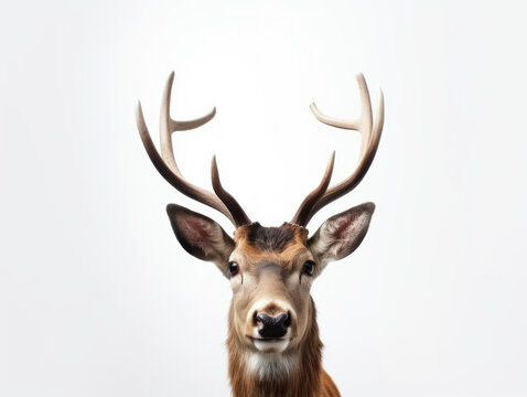 Closed brown deer face with towering antlers isolated on white background
