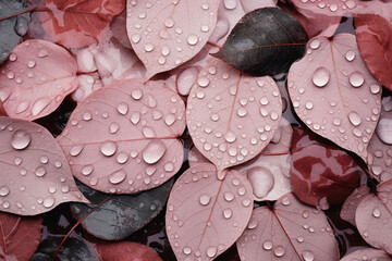 Aesthetic pink beige leaves with water drops background, Generative AI