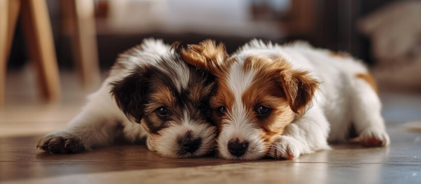 Two small puppies playfully wrestle on the floor.