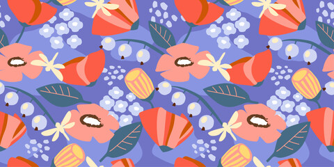 Seamless pattern with abstract bright floral ornament. Summer natural print with plants. Vector graphics.