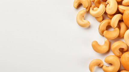Cashew nuts on white background. Top view. Copy space
