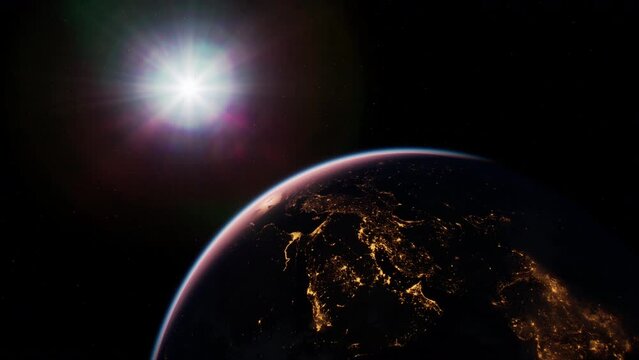 view of Earth illuminated by the sun from the International Space Station orbiting around the planet. Elements furnished by NASA