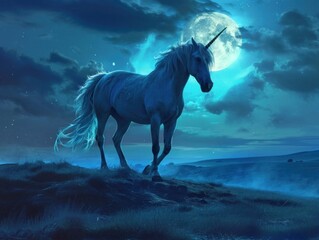 Obraz na płótnie Canvas A solitary unicorn stands majestically under a full moon in a mystical nighttime landscape.