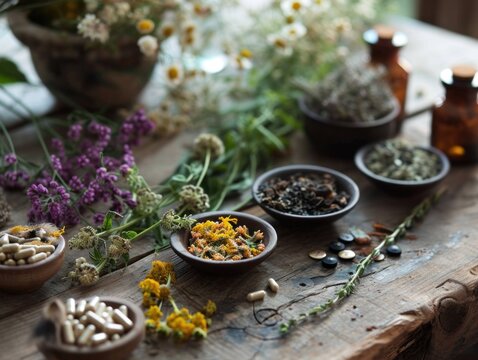 Assorted herbs and natural remedies displayed on a wooden table, showcasing traditional herbal medicine.