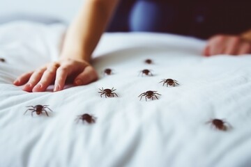 bedbugs on white sheet, woman lifted the bedspread. bedbug colony on a mattress cover. copy space