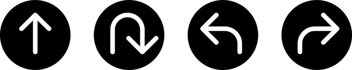 Go Straight This Way One Way Only U Turn Left and Right Black and White Arrow Round Circle Traffic Sign Direction Icon Set. Vector Image.