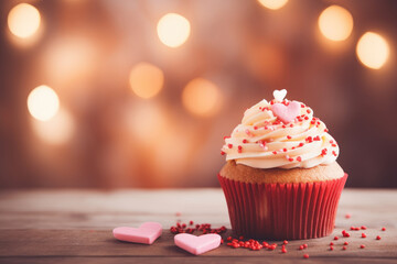 Delicious and appetizing cupcake for Valentine's Day on a blurred background, vintage photo effect - obrazy, fototapety, plakaty
