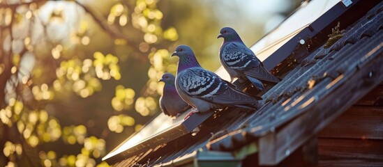 Pigeons bask on sustainable house roof with solar panels.