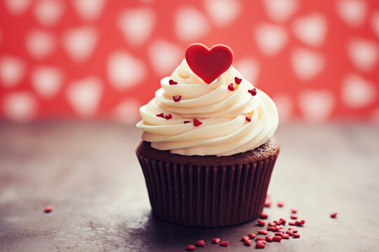 Delicious and appetizing cupcake for Valentine's Day on a blurred background, vintage photo effect