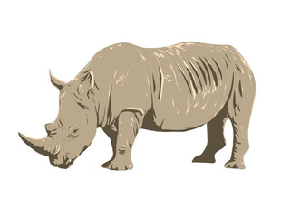 Obraz premium Art Deco or WPA poster of a rhino or white rhinoceros in Kruger National Park located in Limpopo and Mpumalanga in northeastern South Africa done in works project administration style. 