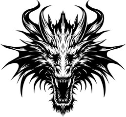 Majestic Dragon Head Vector Tattoo Silhouette - Mythical Black Monster Design