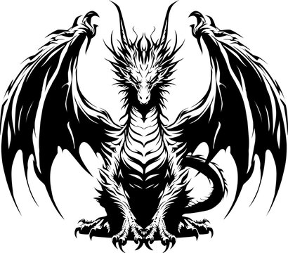 Majestic Dragon Vector Tattoo Design - Black Silhouette Monster