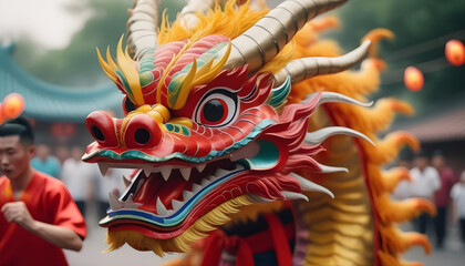 Fototapeta na wymiar Close up of Chinese Dragon Head performing its traditional dragon dance festival. Chinese New Year celebration 2024 created with generative ai