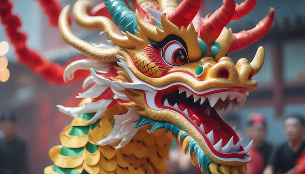 Close up of Chinese Dragon Head performing its traditional dragon dance festival. Chinese New Year celebration 2024 created with generative ai