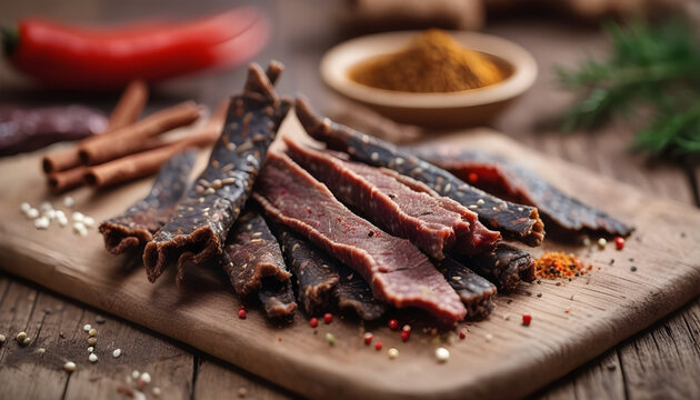 Homemade jerked dried meat or biltong with spices on a wooden background. Beer snack concept created with generative ai	