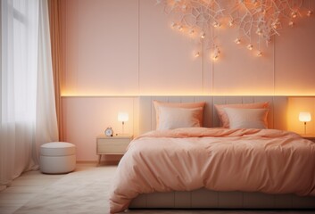 Naklejka na ściany i meble Cozy minimalist bedroom with soft peach colored bed and pillows