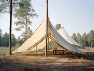 Triangle-shaped makeshift tents were built in an open field