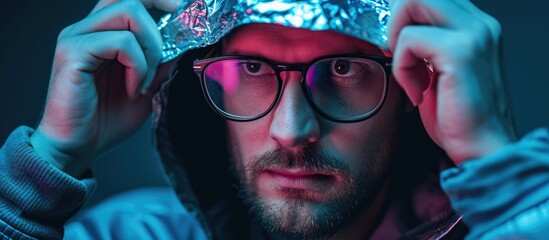 Man wearing a tin foil hat for 5G tower radiation protection due to irrational fear, emotional and attractive with glasses. - obrazy, fototapety, plakaty