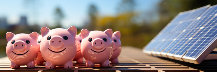 banner Pink piggy banks standing on a solar panel with a smile