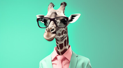 Une girafe portant un costume et des lunettes de vue. Fond vert. Sauvage, savane, animal, drôle. Pour conception et création graphique. - obrazy, fototapety, plakaty