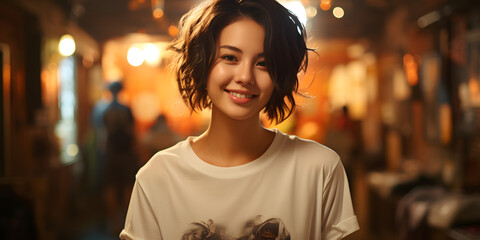 Portrait of Cute and Young Short Hair Asian Woman with Blurred Cafe Background