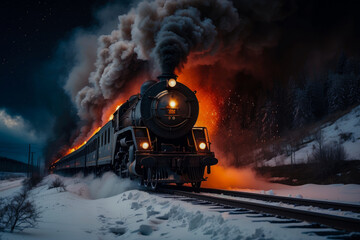 old Russian steam train passing a small station in the middle of a snowy wasteland