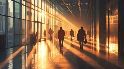 Silhouette of people walking in an office building, in the style of natural lighting. generative AI - obrazy, fototapety, plakaty