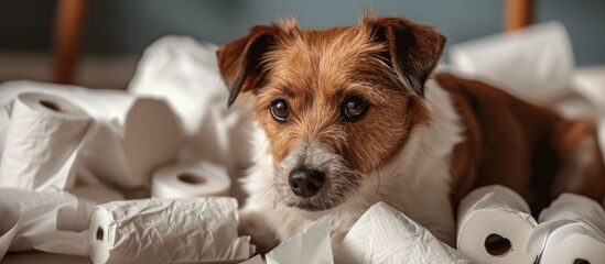 Unhappy Jack Russell terrier with digestive problems, surrounded by toilet paper rolls
