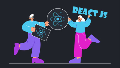 React JS, React Native mobile app development concept in a modern flat style, icons, logo. Flat stock vector illustration. - obrazy, fototapety, plakaty