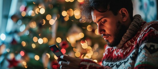 Distraught man by Christmas tree, cheated in money transfer, Hispanic with credit card and phone. - obrazy, fototapety, plakaty