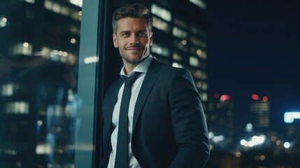 Fototapeta premium Portrait of a handsome businessman standing by the window at night in the city.
