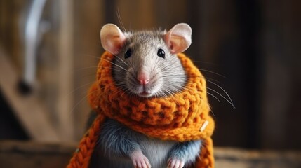 Funny portrait of a rat in a knitted scarf. Cute mouse in a hat. Funny animals print, poster, wallpaper. Cute pets. Cold weather. Winter collection of knitted clothes. Products for rodents.