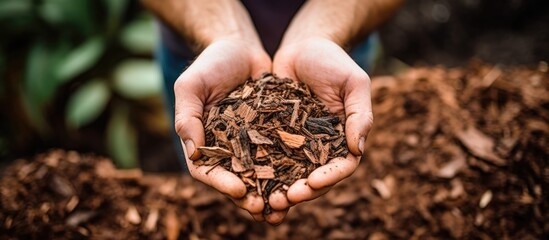 Person holding wood chip mulch made from recycled, shredded tree bark and leftovers.