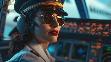 Portrait photos of beautiful woman pilot. Wearing sunglasses, captain of a civilian airplane. wearing a standard captain's outfit with a hat. smiling.