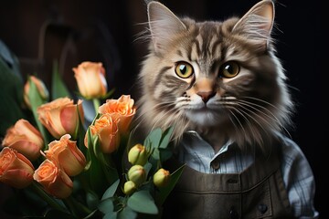 The fashionably dressed cat with a bouquet of tulips looks like a real gentleman. - Powered by Adobe
