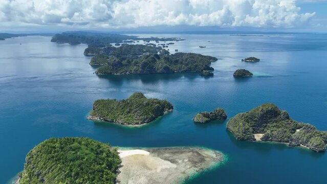 Scenic limestone islands, fringed by coral reefs, rise from the amazing seascape in Raja Ampat, Indonesia. These islands' reefs, and the surrounding seas, support extraordinary marine biodiversity.