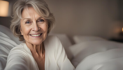 Beautiful Selfie of a Smiling 67-Year-Old Woman with Dark Blonde Hair, Just Woke Up in Bed - obrazy, fototapety, plakaty