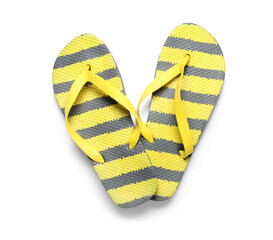 Pair of striped flip-flops on white background